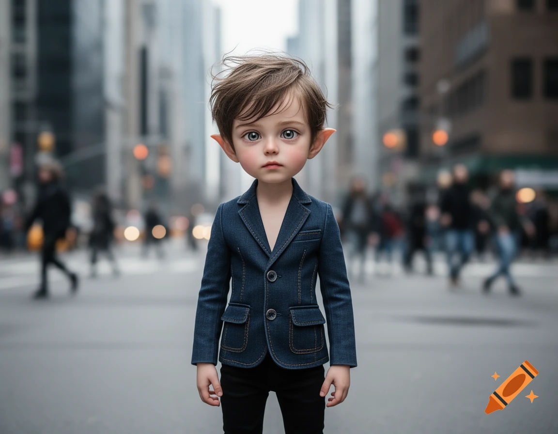 A stylized child with large eyes and elf ears, wearing a denim blazer and black pants, stands in the middle of a blurred city street.