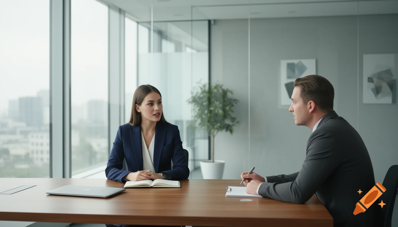 A woman and man in professional attire in a modern office, engaged in a job interview. The woman speaks while the man takes notes.