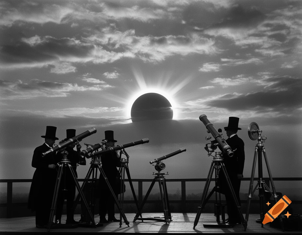 Men in top hats observe a solar eclipse through multiple telescopes on a platform, captured in a dramatic black and white historical photo.