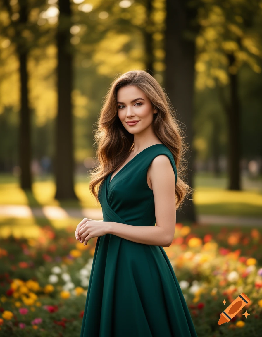 A beautiful woman with long wavy brown hair wears a dark green sleeveless dress, standing in a sunlit park surrounded by colorful flowers and trees in a photorealistic style.
