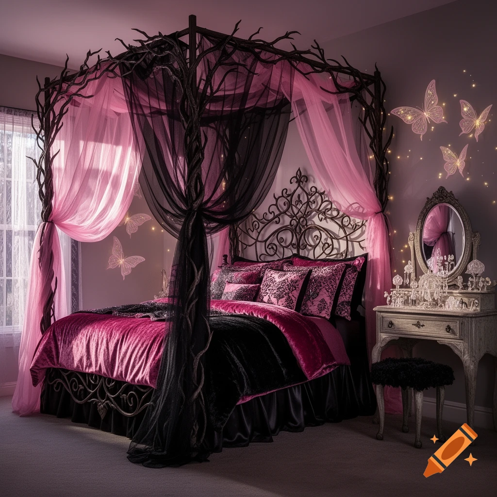 A lavish bedroom with a black and pink canopy bed, a dark whimsical bed frame, and sheer drapes. Glowing butterflies decorate the wall above a vanity.