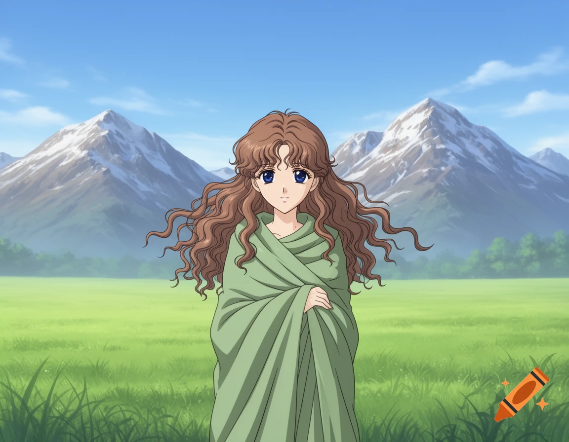 Anime illustration of a woman with curly brown hair and blue eyes, wrapped in a green blanket, in a field with mountains.