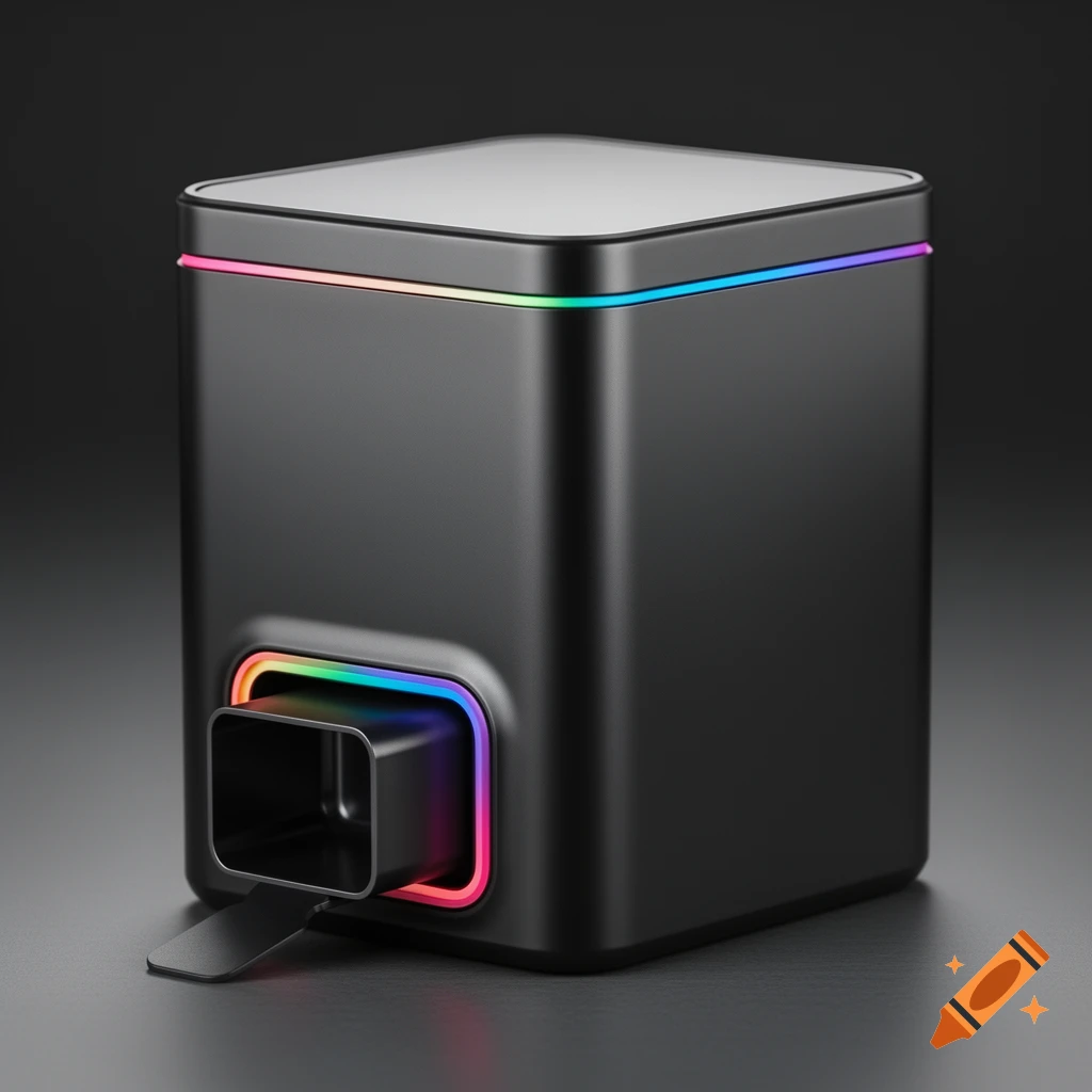 A sleek black square container with rainbow LED lighting along the top edge and around a removable square scoop on its side.