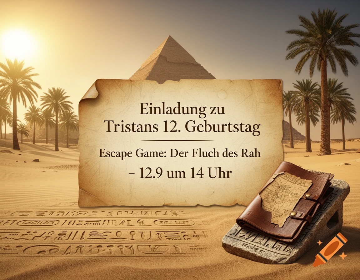 An ancient-themed birthday invitation scroll for an Egyptian escape game in a desert with a pyramid and palm trees.