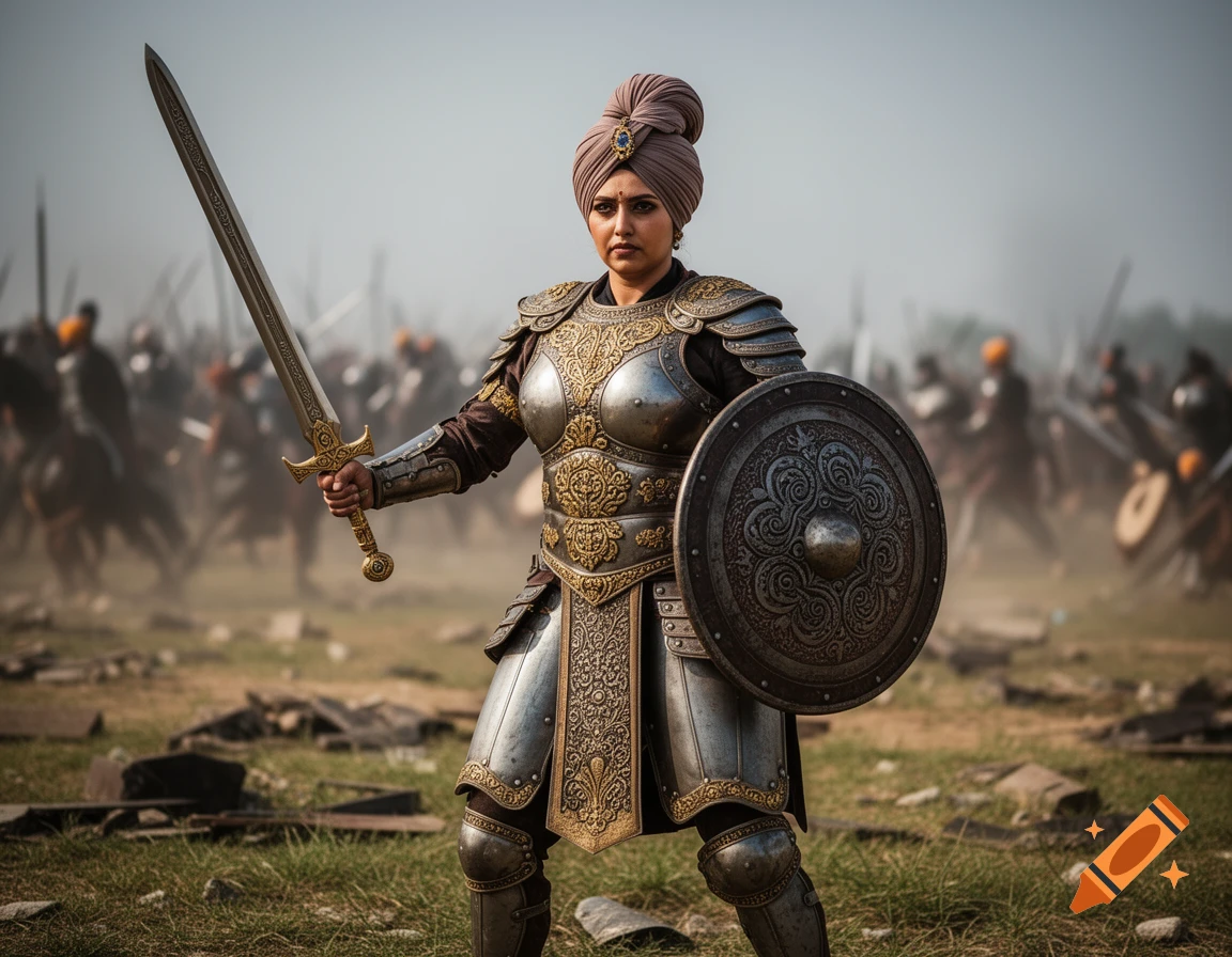 A strong Sikh woman warrior in ornate armor stands on a dusty battlefield, holding a sword and shield, with blurred warriors in the background.