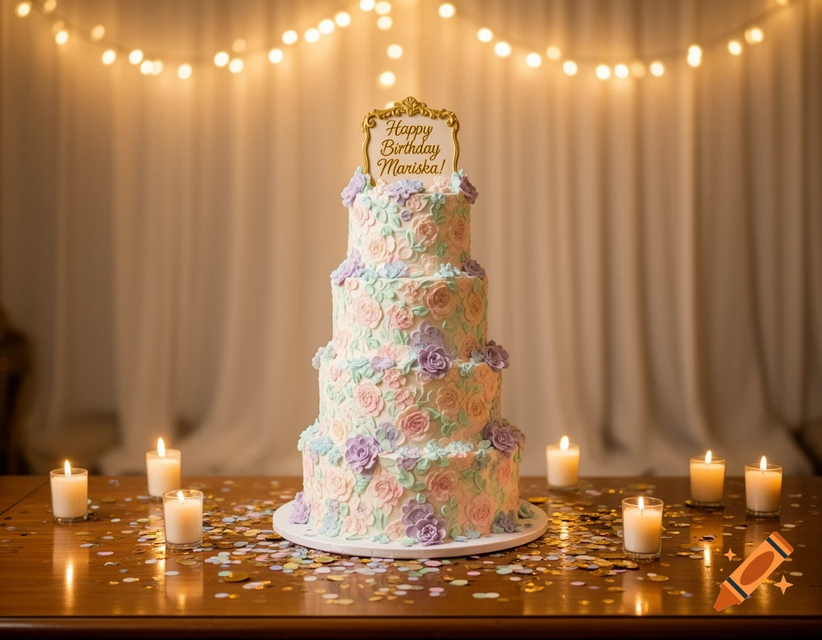 A beautiful four-tier birthday cake with pastel flowers, surrounded by lit candles and confetti on a table, with string lights.