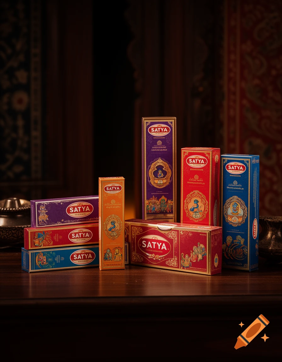 Multiple colorful SATYA incense boxes, fanned and layered on a dark wooden table in a luxurious Indian-themed setting.