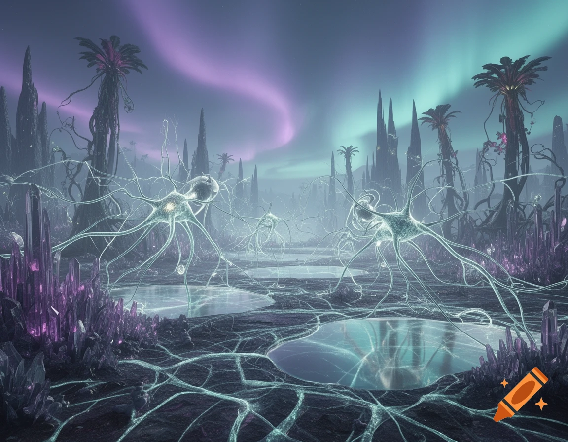 Ethereal alien landscape with glowing neuron-like creatures, purple crystals, strange plants, and a vibrant purple and green aurora.