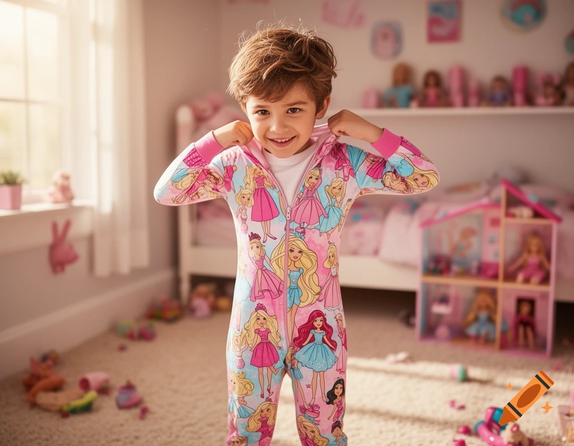Smiling child wearing a pink Barbie-themed onesie in a sunlit bedroom filled with toys and a dollhouse, photorealistic.