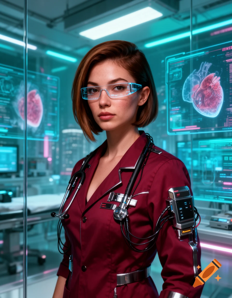 A female cyberpunk doctor with short brown hair and glowing glasses stands in a futuristic medical lab with holographic displays.
