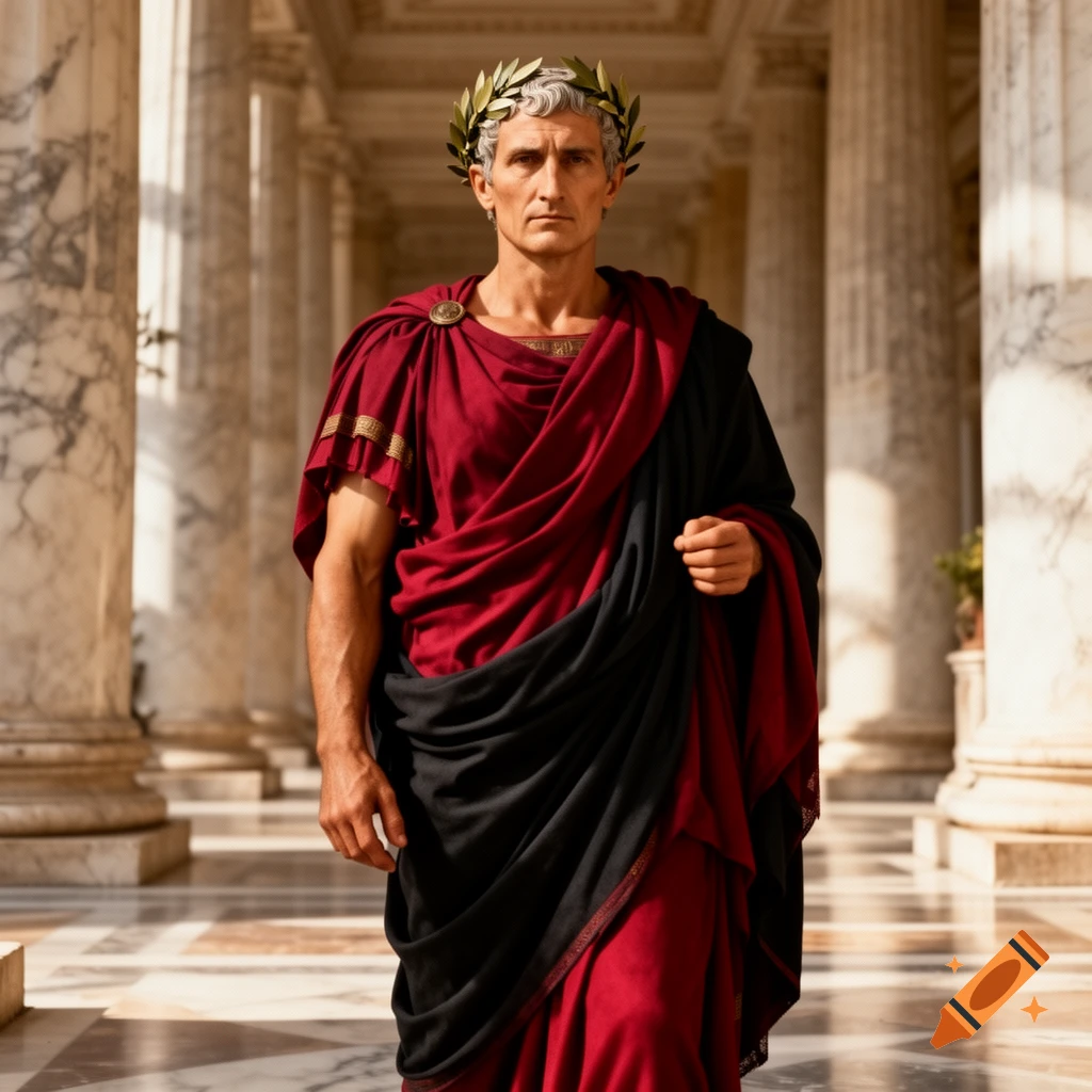 A man resembling Julius Caesar, wearing a red and black toga and a laurel wreath, stands in a classical colonnade. Photorealistic.