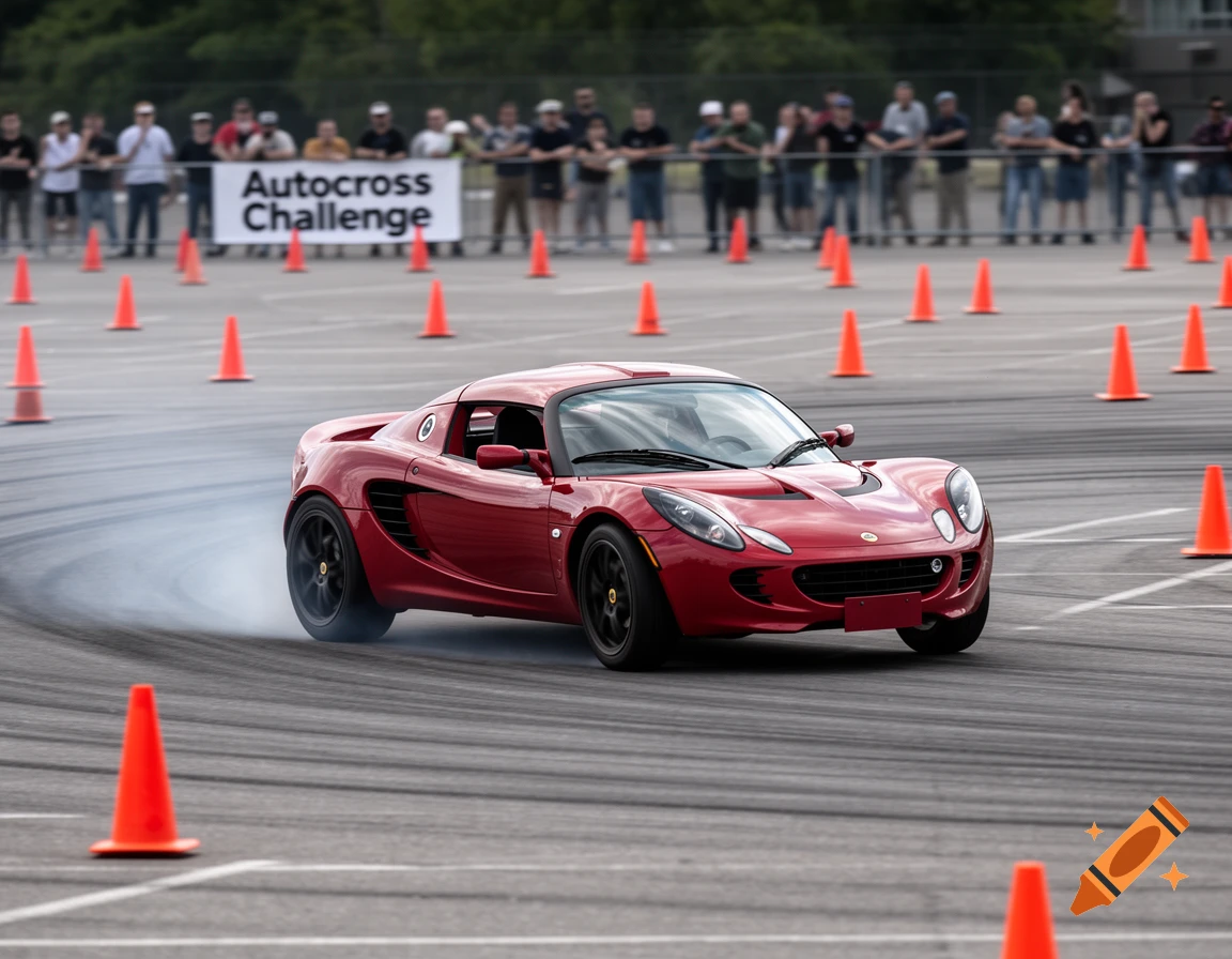 A red sports car drifts on an asphalt course, trailing smoke, surrounded by orange cones, with spectators and a banner reading 'Autocross Challenge' in the background.