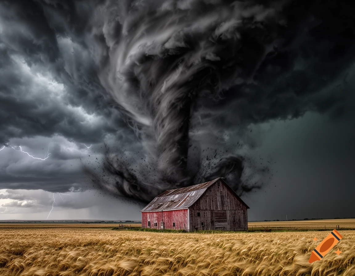 Photorealistic image of a powerful tornado over a rustic red barn in a golden field under dark storm clouds with lightning.
