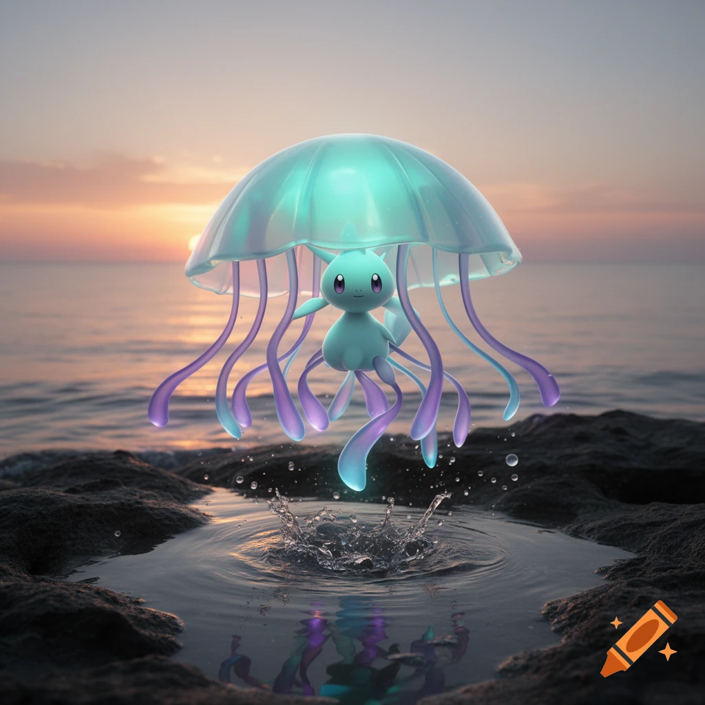 A cute, glowing, jellyfish-like Pokémon character floats above a water splash on a rocky shore at sunset.