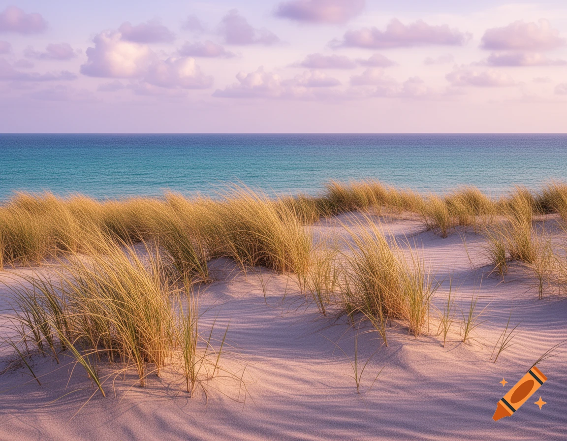 A picturesque sandy beach with dunes covered in tall grass, leading to a calm turquoise ocean under a pastel sky.