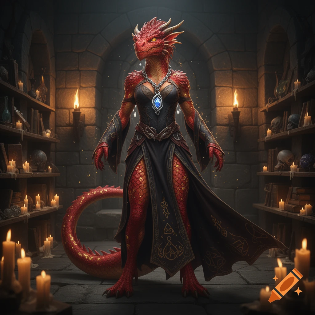 A red Dragonborn female sorcerer in a dark robe with a blue pendant stands in a candlelit stone chamber.