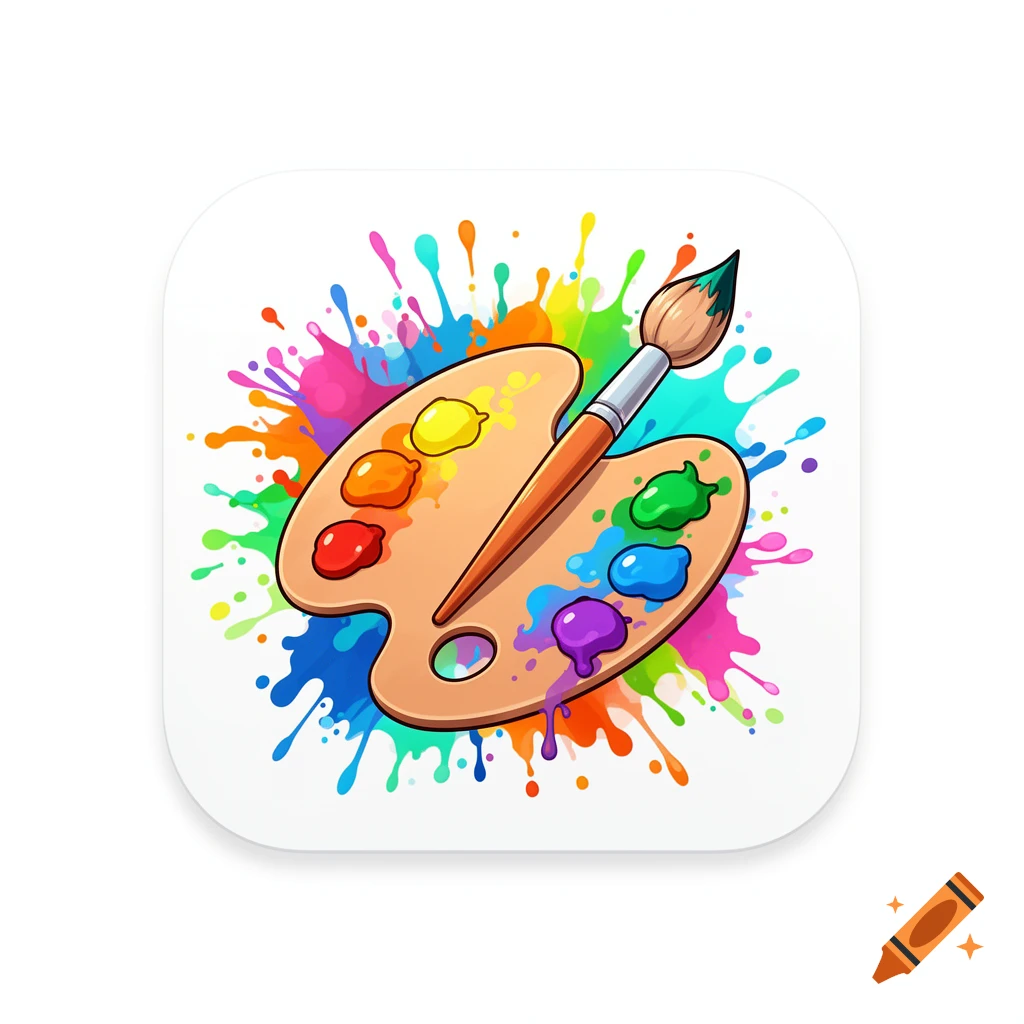 A cute anime style icon featuring an artist's palette with vibrant paint, a paintbrush, and colorful paint splatters on a white background.