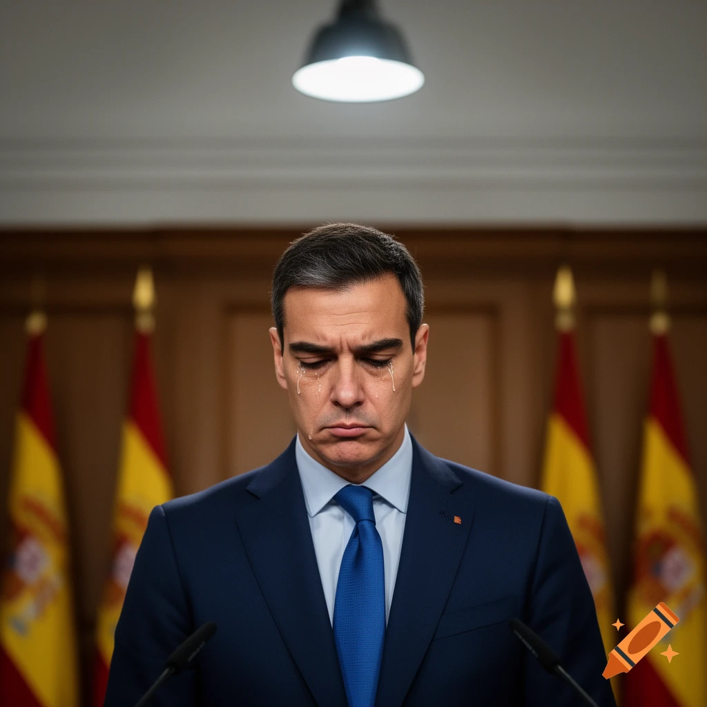 Close-up of Pedro Sánchez, a man in a suit and blue tie, crying with tears streaming down his face, standing at a podium with Spanish flags in the background. Photorealistic style.
