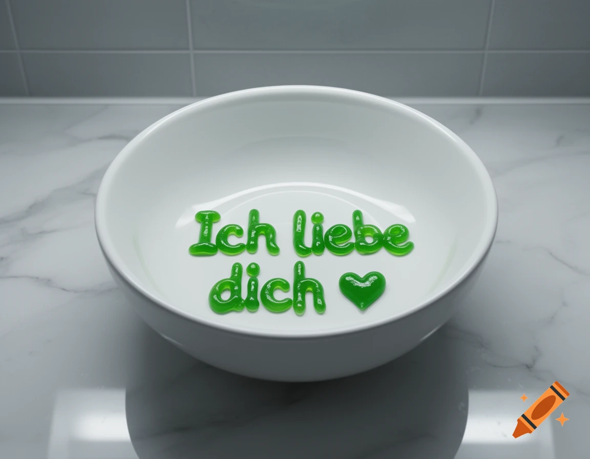 Green jelly letters spelling 'Ich liebe dich ", with a heart, arranged in a white bowl on a marble surface in a bathroom.