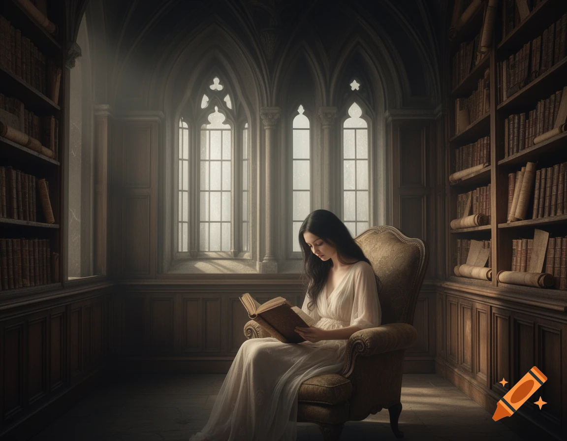 A young woman with long dark hair reads a book in a large, dimly lit Gothic library with tall windows and packed bookshelves.