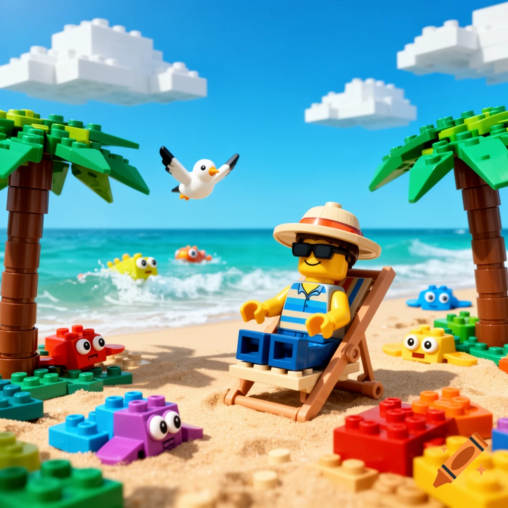 A Lego minifigure in a hat and sunglasses relaxes on a beach chair on a sunny sandy beach with Lego sea creatures and palm trees.