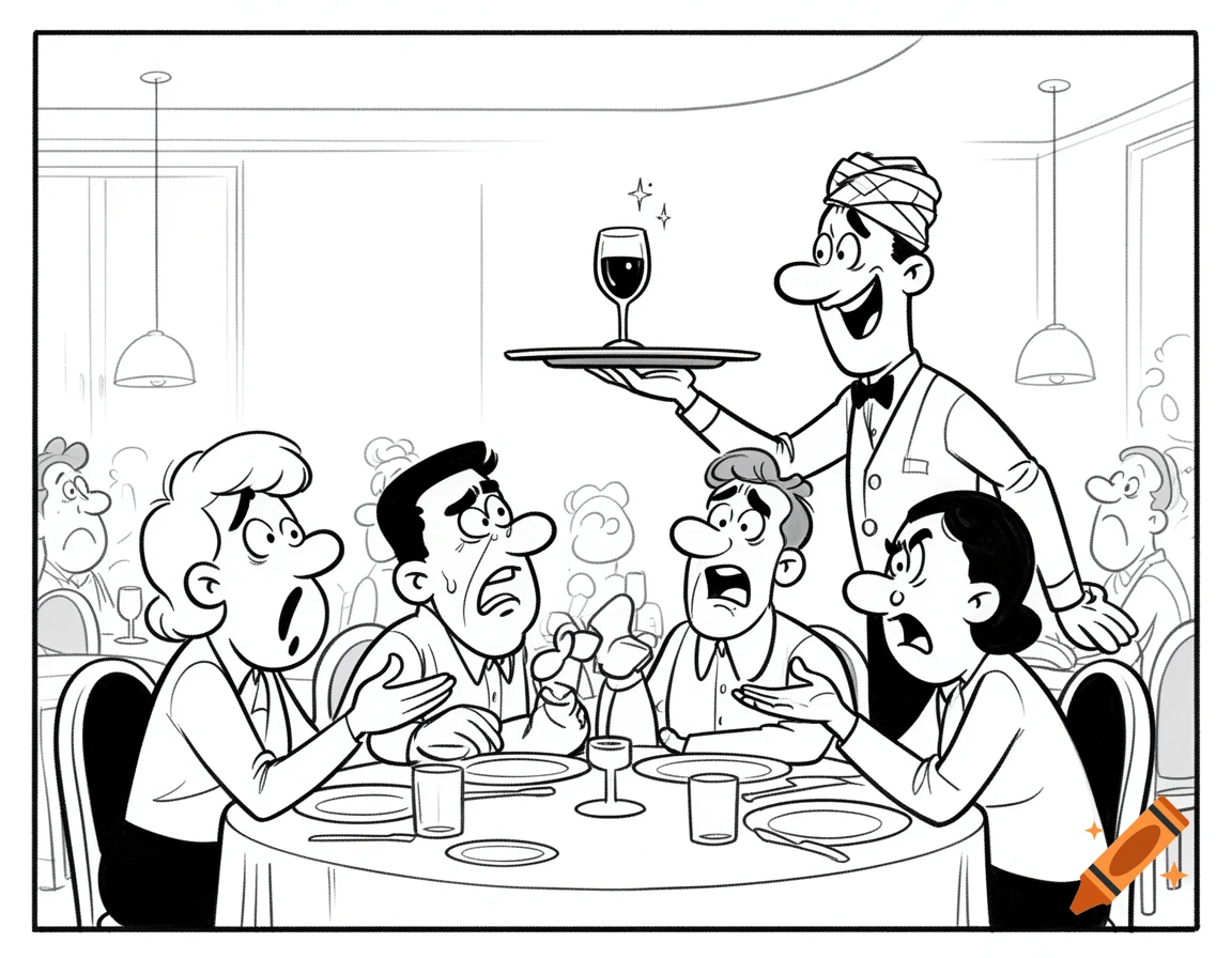 Black and white cartoon of a smiling waiter wearing a turban, balancing a glass of wine on a tray, approaching four surprised and irritated restaurant guests.