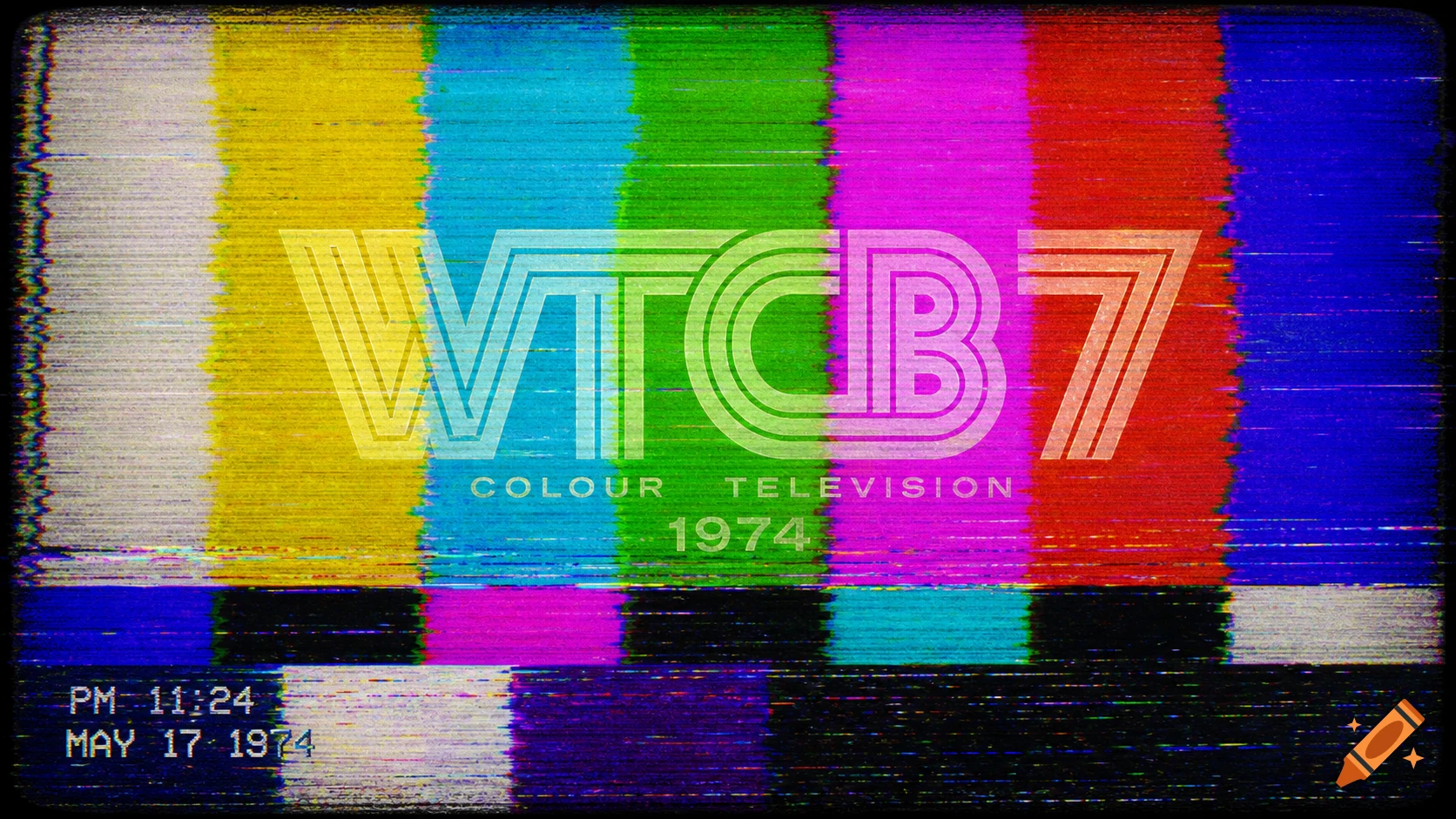 Vintage television test pattern with colorful bars, static, scan lines, and retro text 'VTCB7 COLOUR TELEVISION 1974', 'PM 11:24 MAY 17 1974'.
