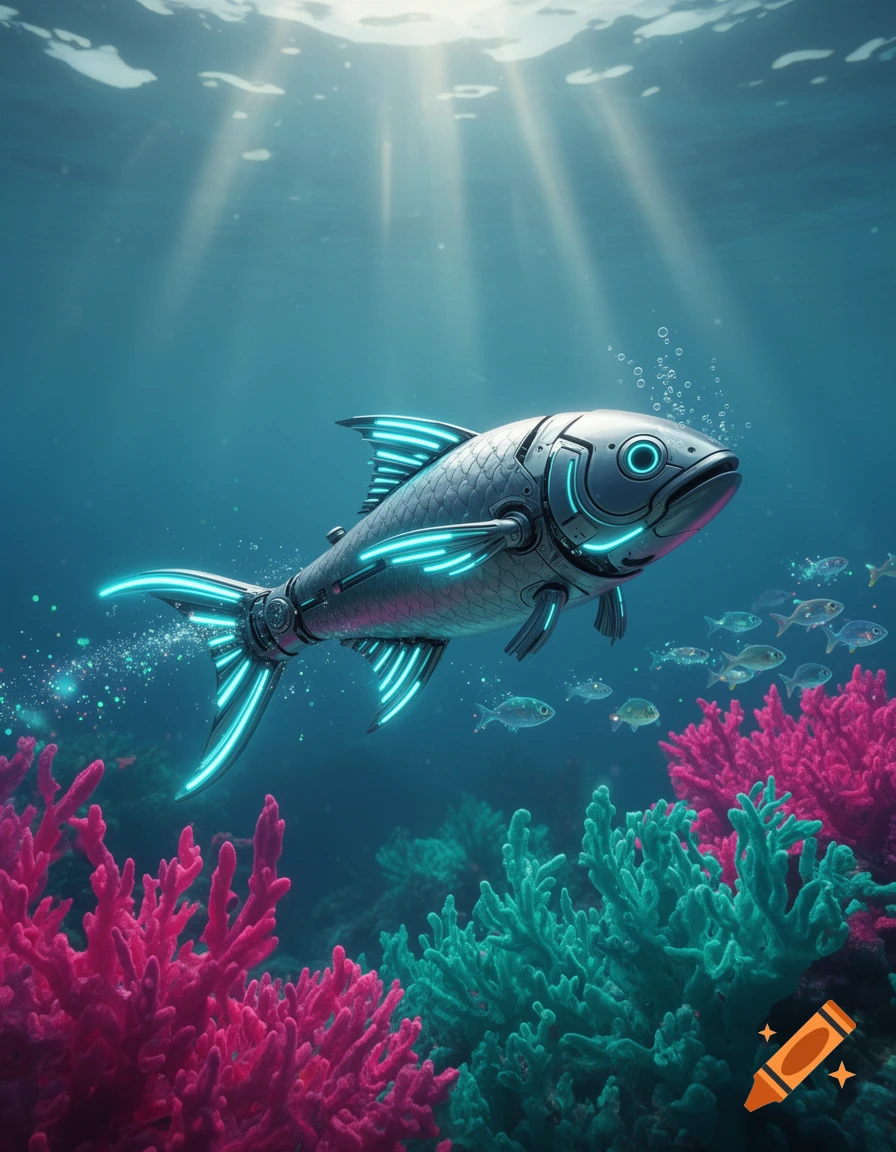 A metallic robot fish with glowing blue fins swims through clear blue water above vibrant pink and green coral, with sun rays shining from above.