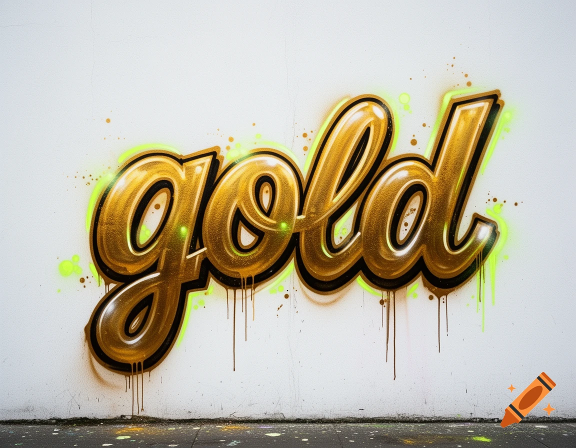 The word 'gold' rendered in shiny golden graffiti style with neon green accents and paint drips on a white wall.
