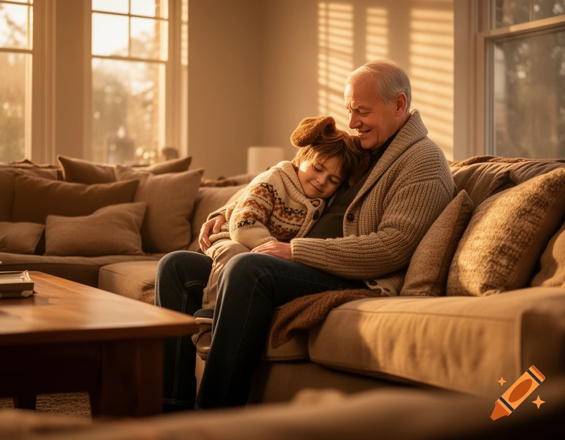 An elderly man smiles, holding a young child sleeping on his lap on a couch in a warm, sunlit living room.