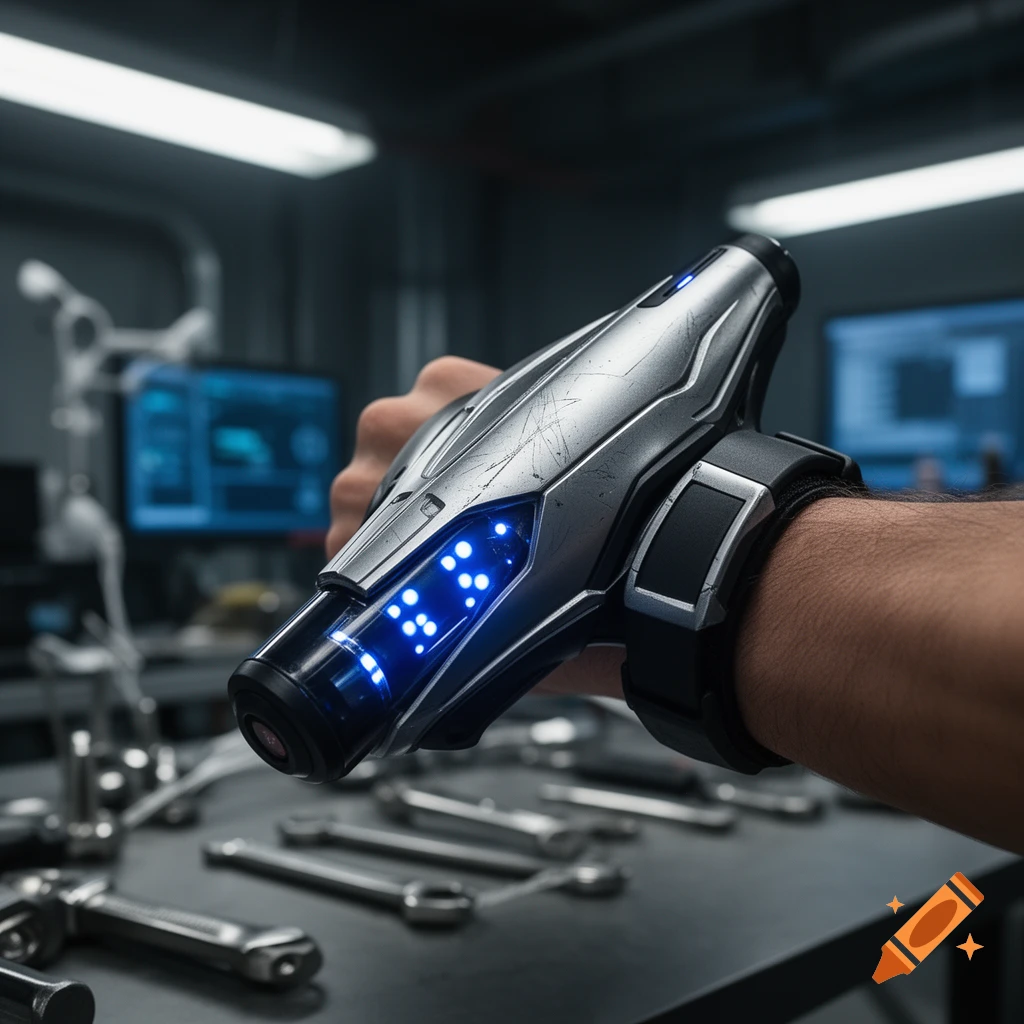 A hand wearing a futuristic silver and black wrist-mounted device with glowing blue lights in a workshop setting, photorealistic.
