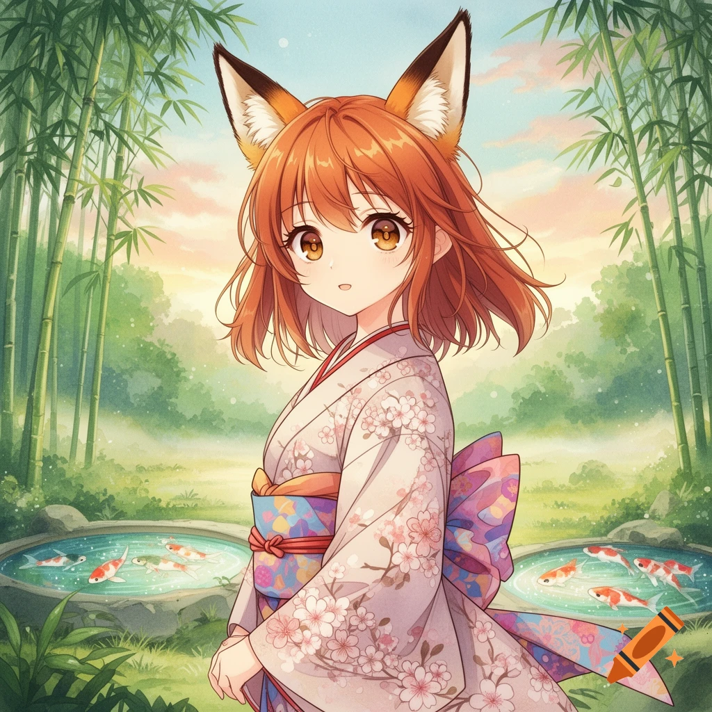 An anime girl with fox ears, wearing a cherry blossom kimono, looks over her shoulder in a bamboo garden with koi ponds.