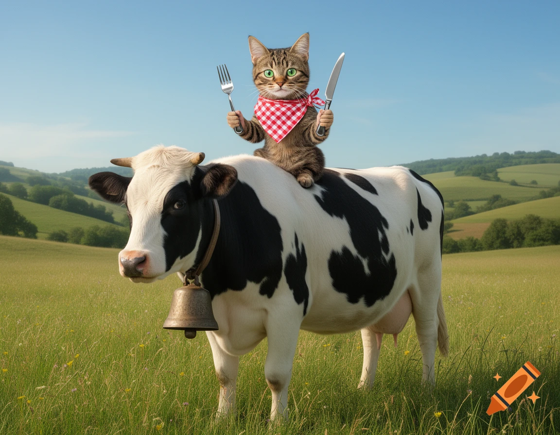 A photorealistic tabby cat wearing a red checkered napkin, holding a fork and knife, riding a black and white cow in a green field.