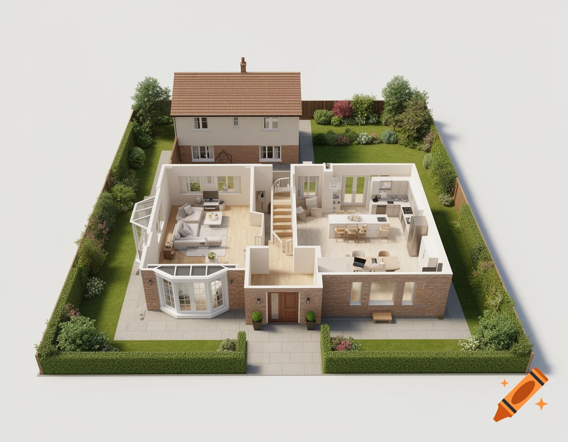 A detailed 3D cutaway architectural rendering showing the ground floor layout and surrounding garden of a detached house.