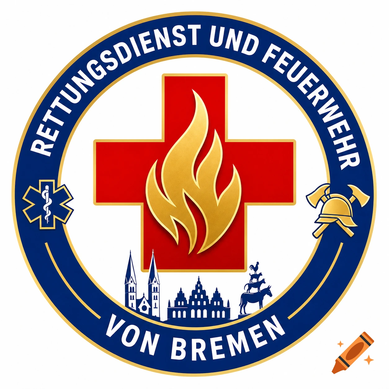 A circular logo for "Rettungsdienst und Feuerwehr von Bremen" with a red cross, golden flames, a Star of Life, fire helmets, and city silhouettes.