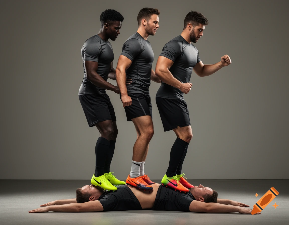 Three athletic men in grey and black athletic wear stand in a line on top of another man lying on his back. Photorealistic.