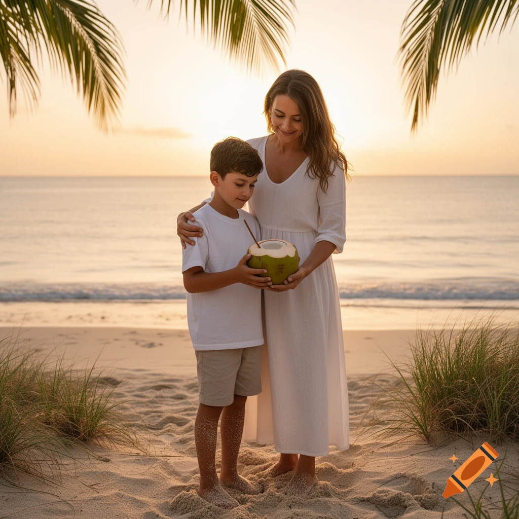 Mother and child on a beach at sunset, sharing a coconut drink, framed by palm leaves.