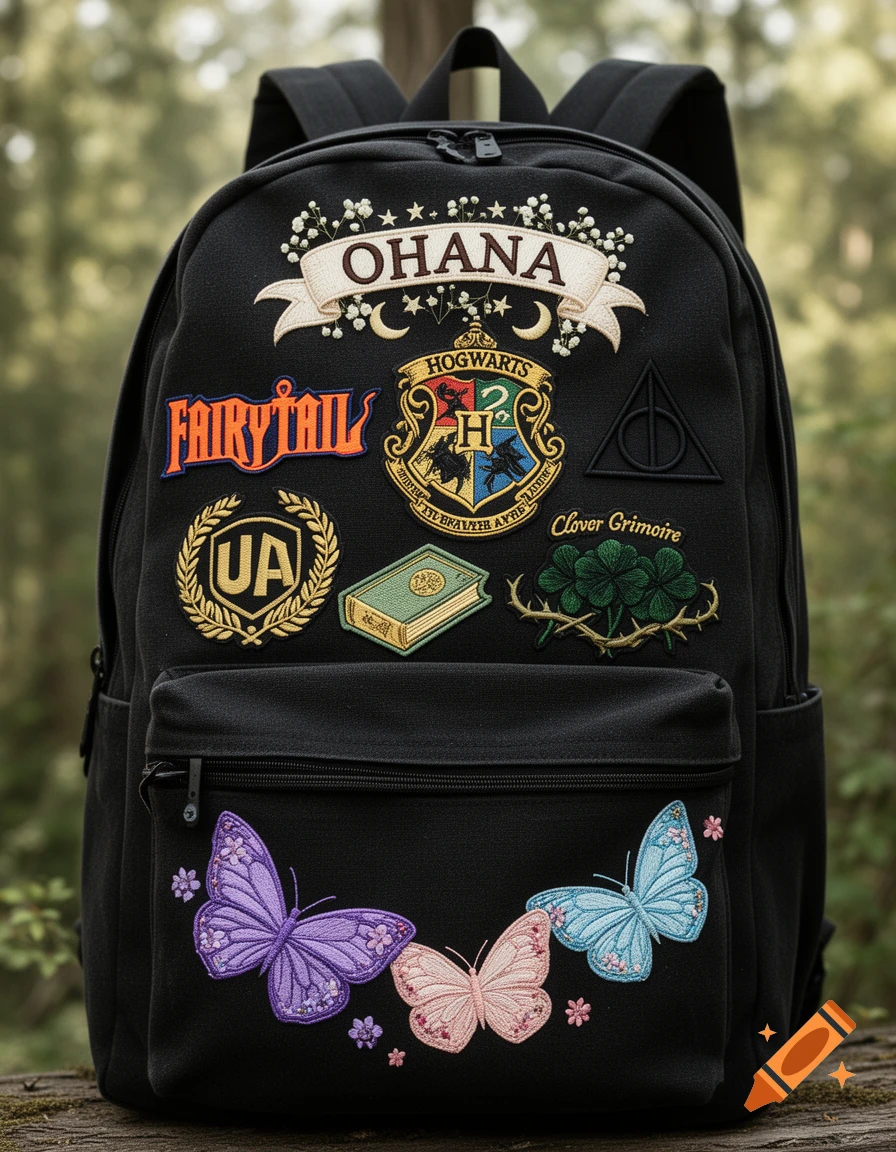 A black canvas backpack adorned with various embroidered patches, including 'OHANA', 'FAIRY TAIL', a Hogwarts crest, a UA crest, 'Clover Grimoire', a Deathly Hallows symbol, and three colorful butterflies.