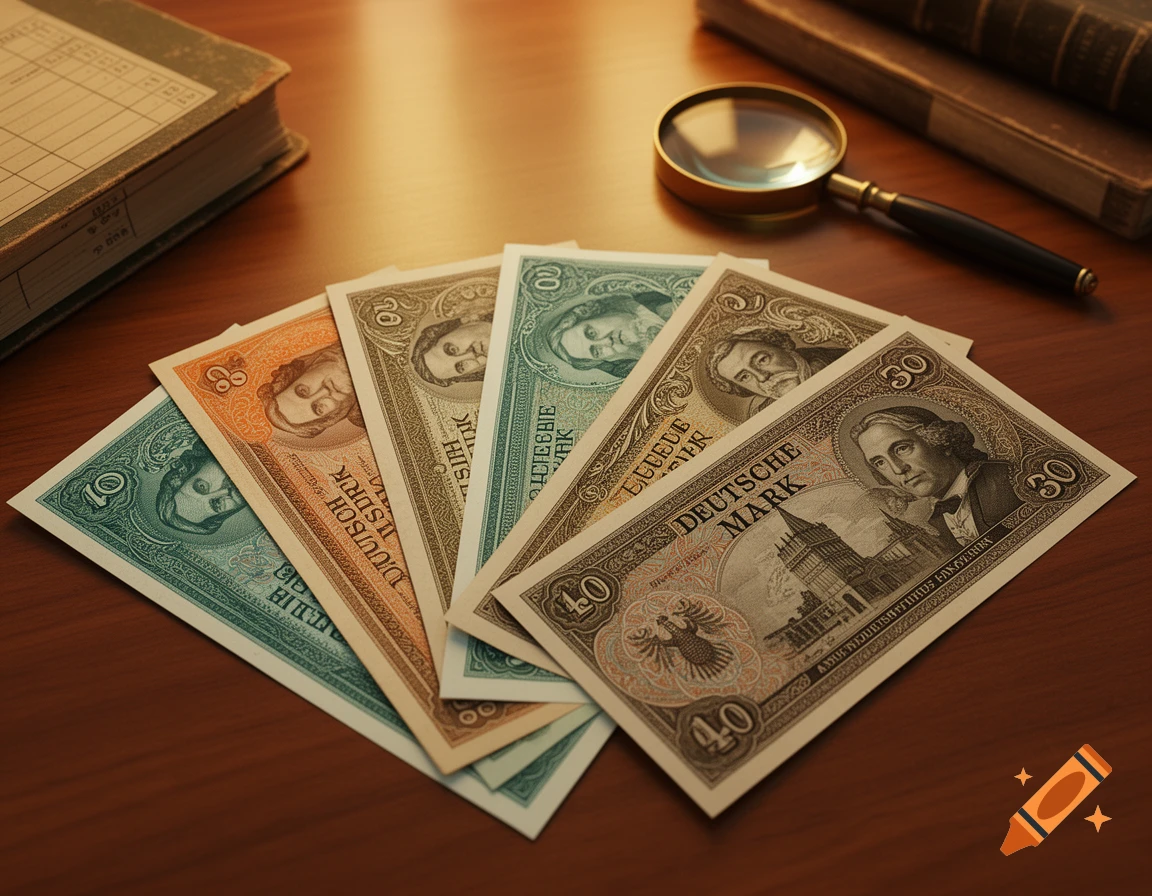 A fan of colorful, vintage Deutsche Mark banknotes, a magnifying glass, and old books are arranged on a wooden table in a dimly lit, photorealistic still life.