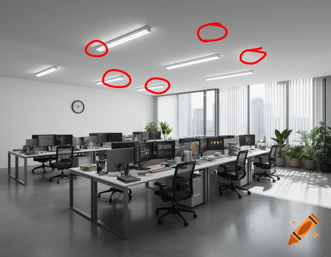 An open-plan office with multiple desks, computer monitors displaying code, ergonomic chairs, and potted plants. Red circles highlight several overhead fluorescent lights.