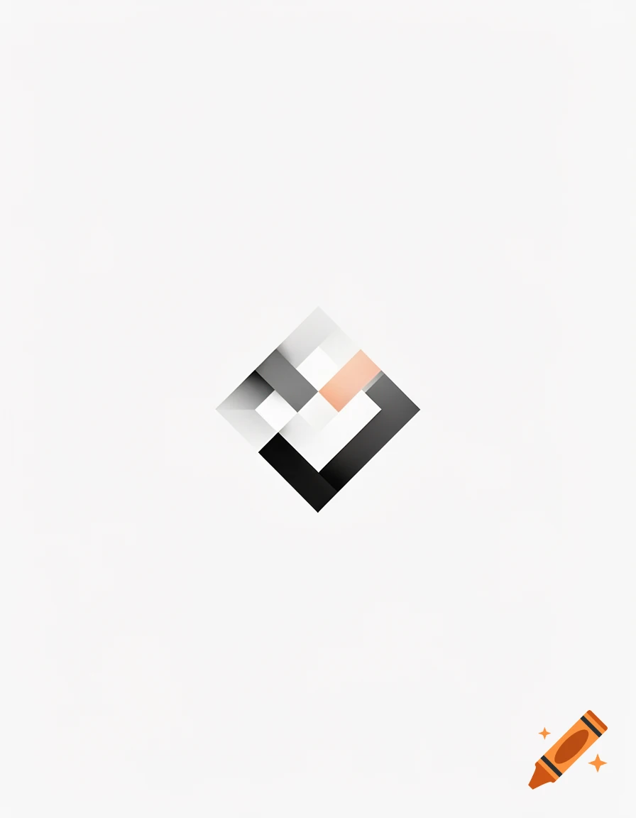 Abstract geometric logo-like shape in black, white, gray, and orange-pink, on a white background.