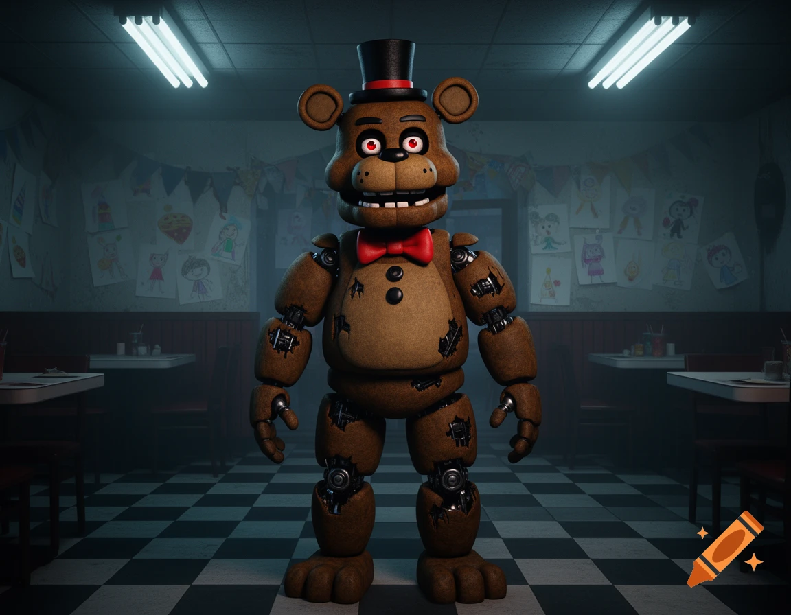 A brown animatronic bear with a top hat and red bowtie stands in a dimly lit pizzeria with checkered floors and children's drawings.