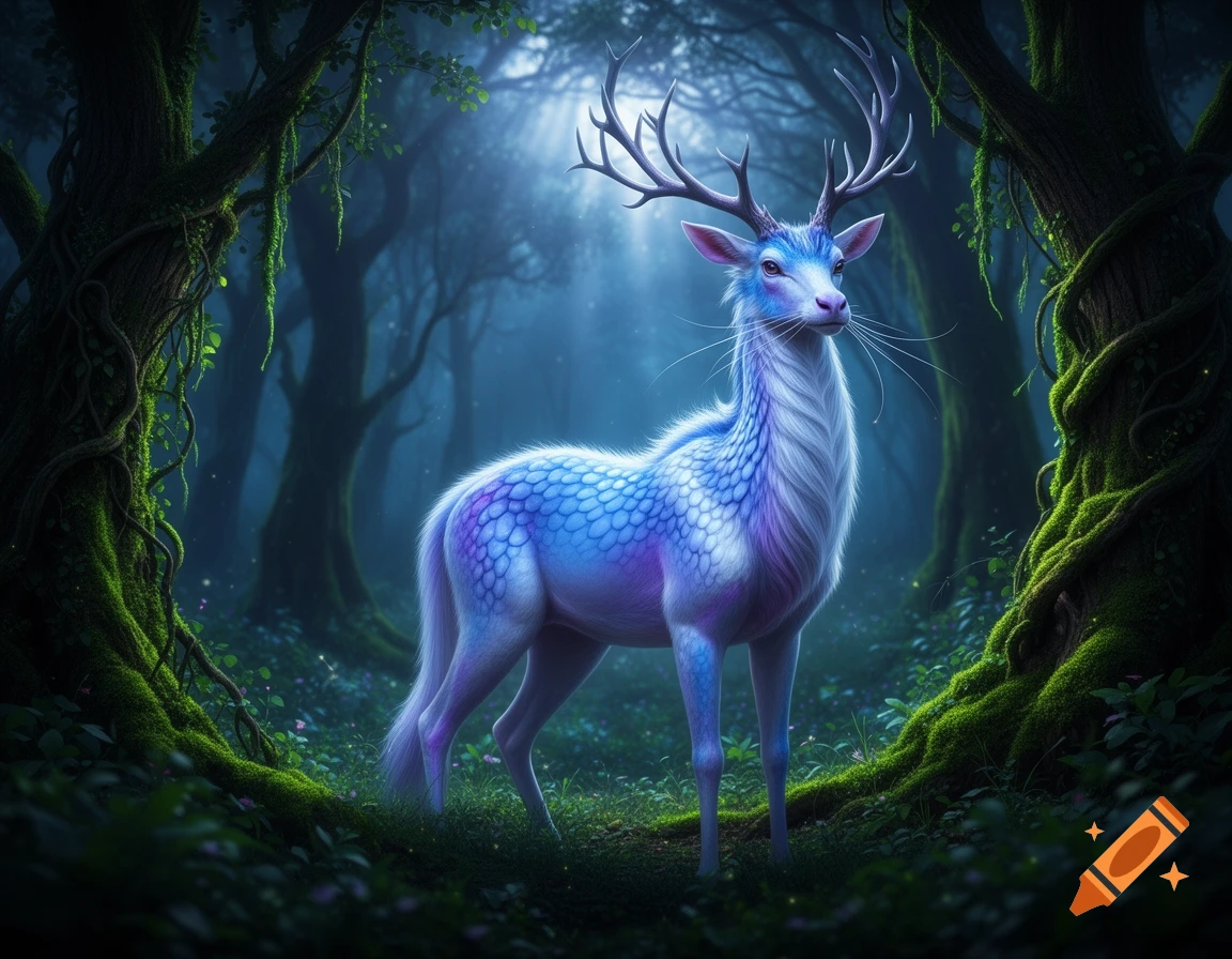 A mythical blue, white, and purple Kirin with antlers stands in a dark, glowing mystical forest under moonlight.