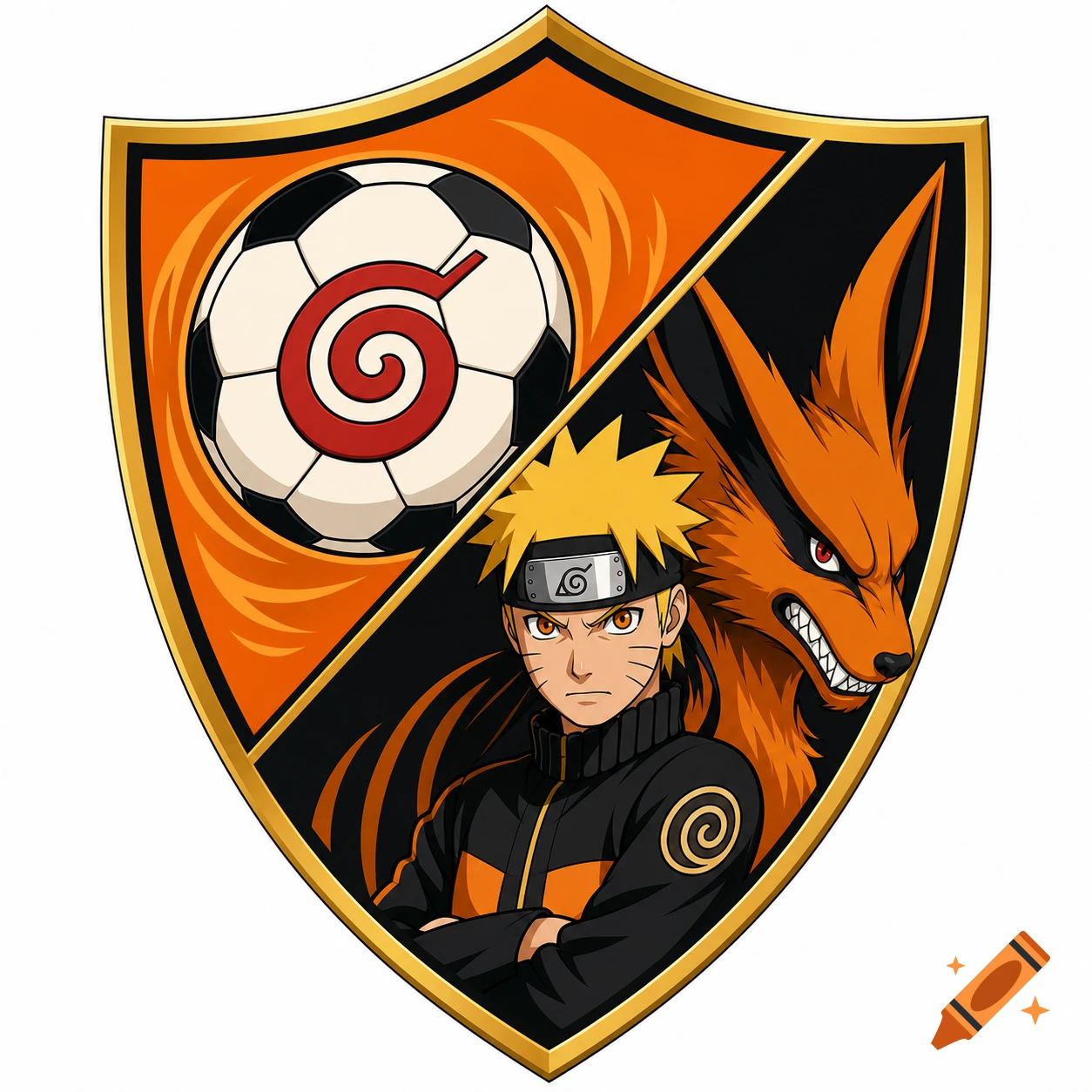 A shield-shaped football crest with Naruto, Kurama the Nine-Tails Fox, and a soccer ball, in an orange and black vector art style.