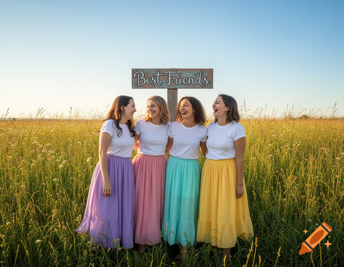 Four happy female friends smiling and laughing in a sunny field next to a 'Best Friends' sign.