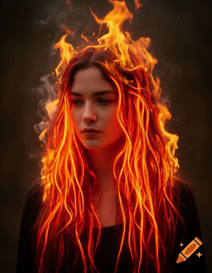 A young woman with long, flowing hair made of vibrant red and orange flames, with wisps of smoke rising from it, against a dark background.