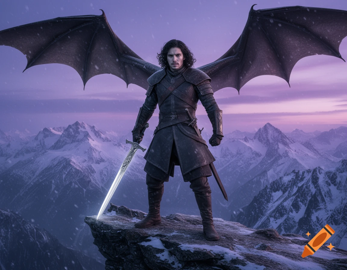 Jon Snow with large black dragon wings, in dark armor, stands on a snowy mountain peak holding a glowing sword under a purple sky.