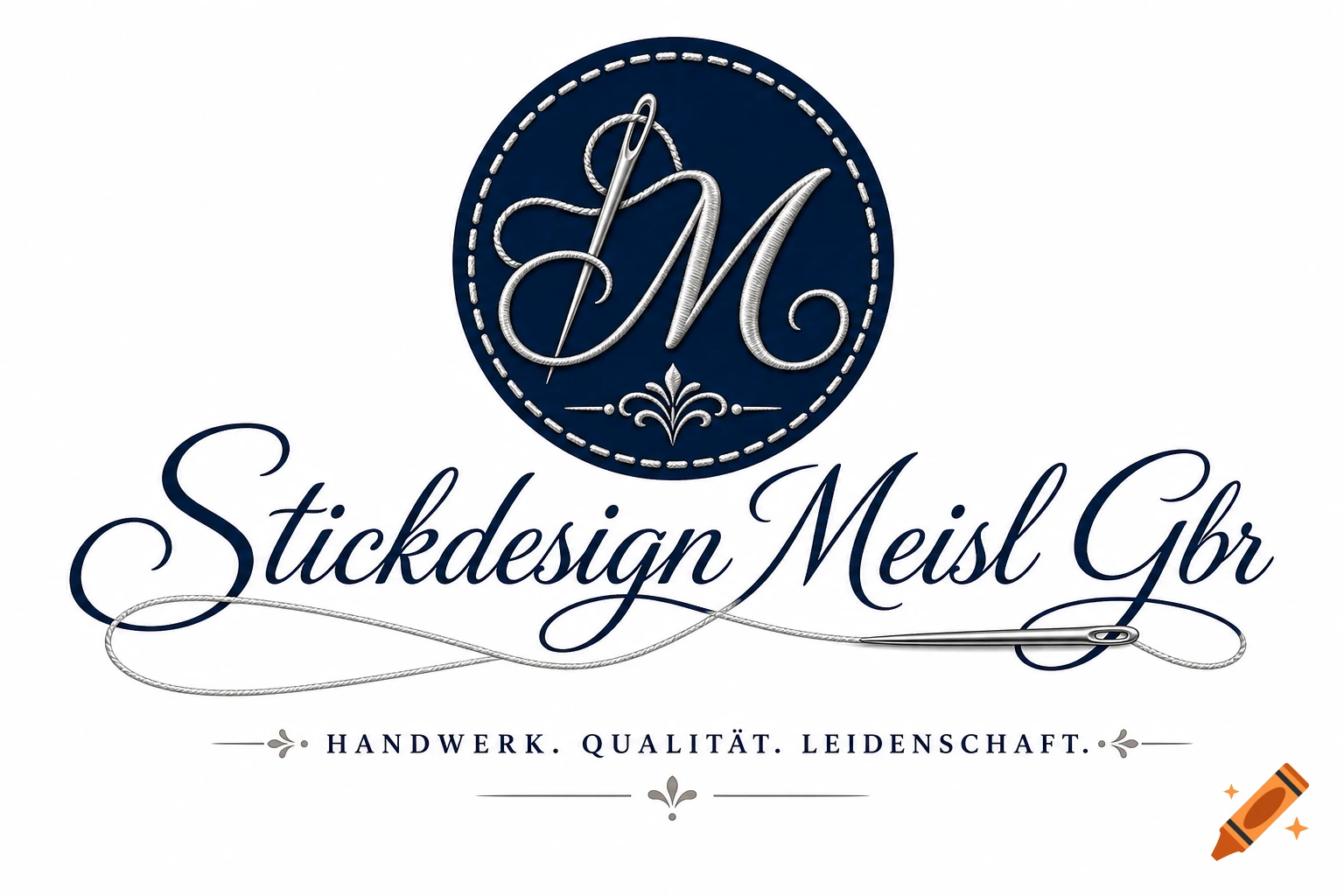 A logo for 'Stickdesign Meisl Gbr' featuring a stylized 'SM' monogram with a needle and thread in a stitched blue circle, and the motto 'Handwerk. Qualität. Leidenschaft.'