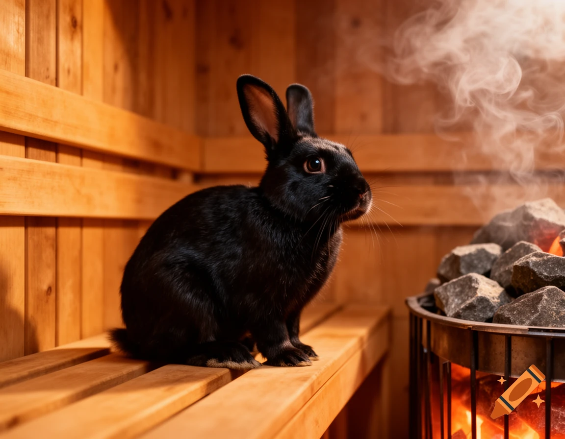 A black rabbit sits on a wooden bench inside a sauna, looking towards the steaming hot rocks in a metal basket, with warm lighting.