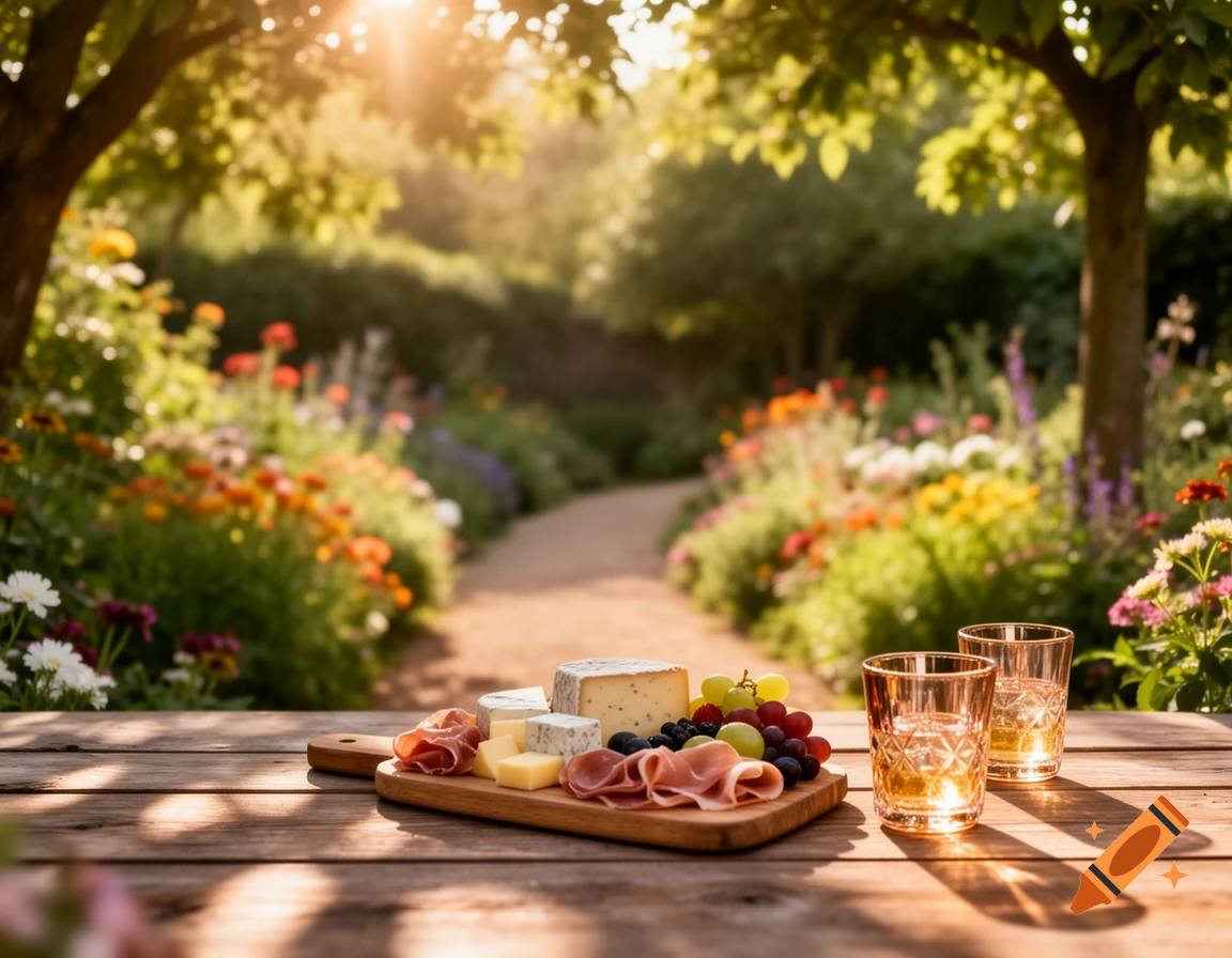 A charcuterie board with cheese, prosciutto, grapes, and blueberries, alongside two glasses on a wooden table in a sunny garden.